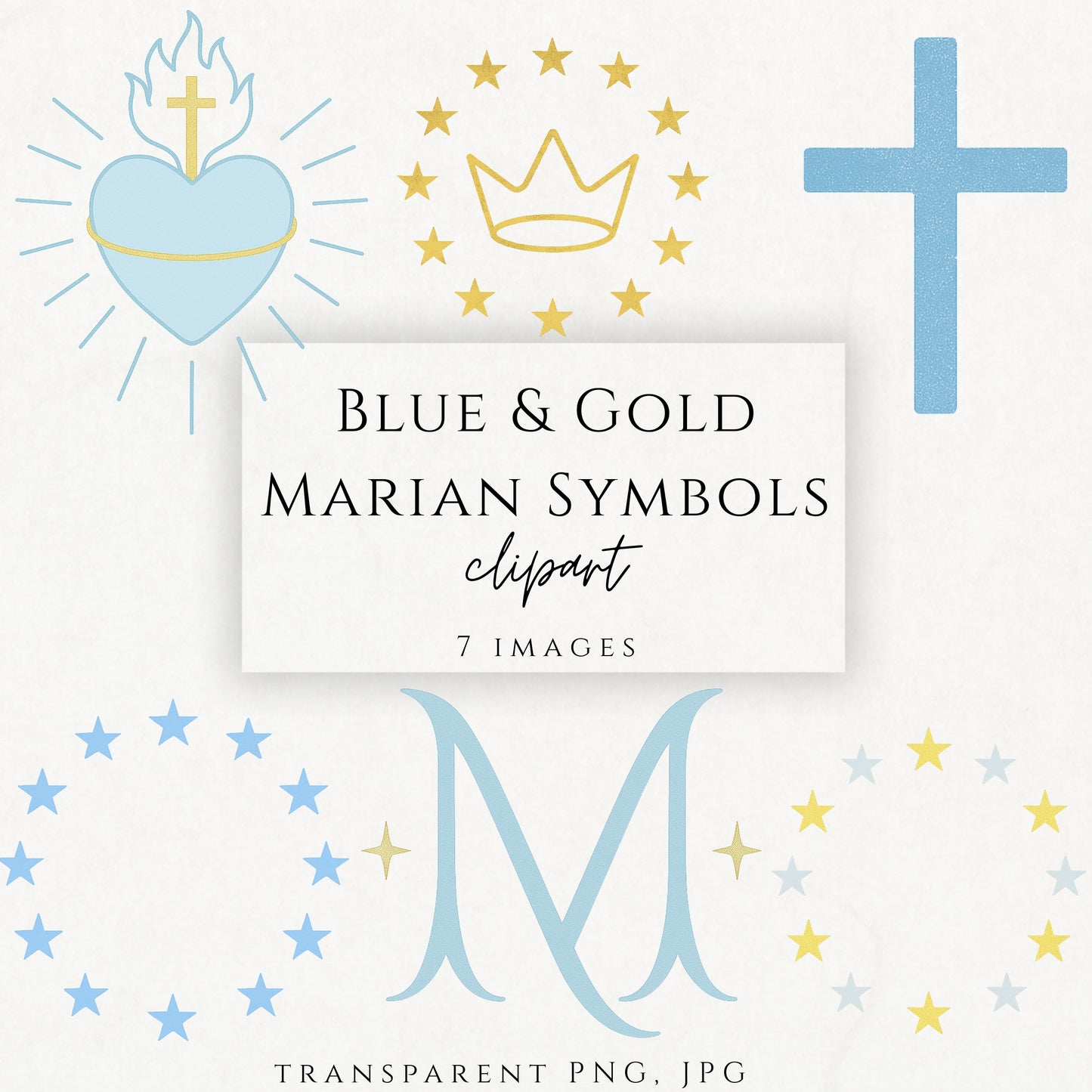 Blue marian auspice and crown of 12 stars, Marian blue cross, blue and gold sacred heart with rays