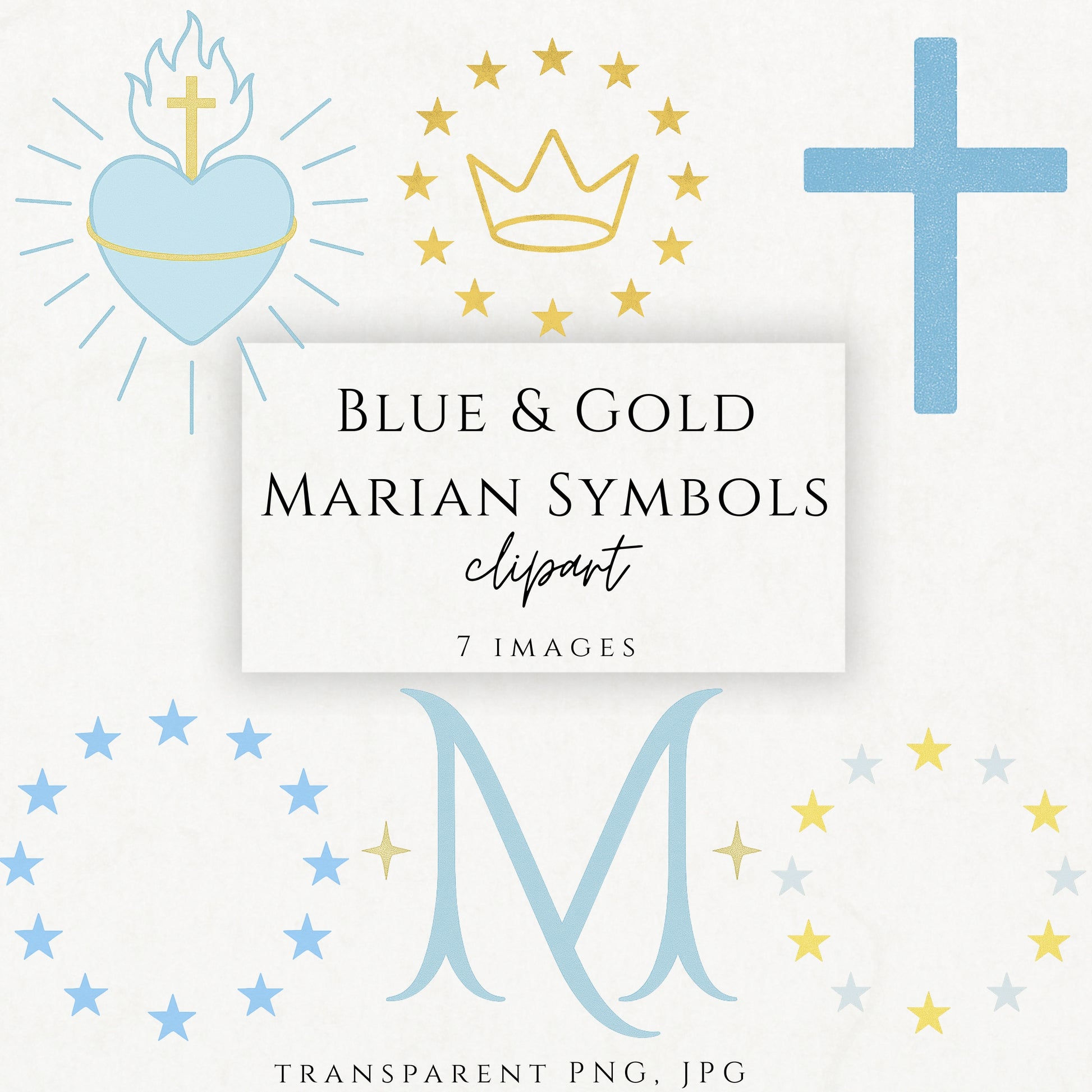 Blue marian auspice and crown of 12 stars, Marian blue cross, blue and gold sacred heart with rays