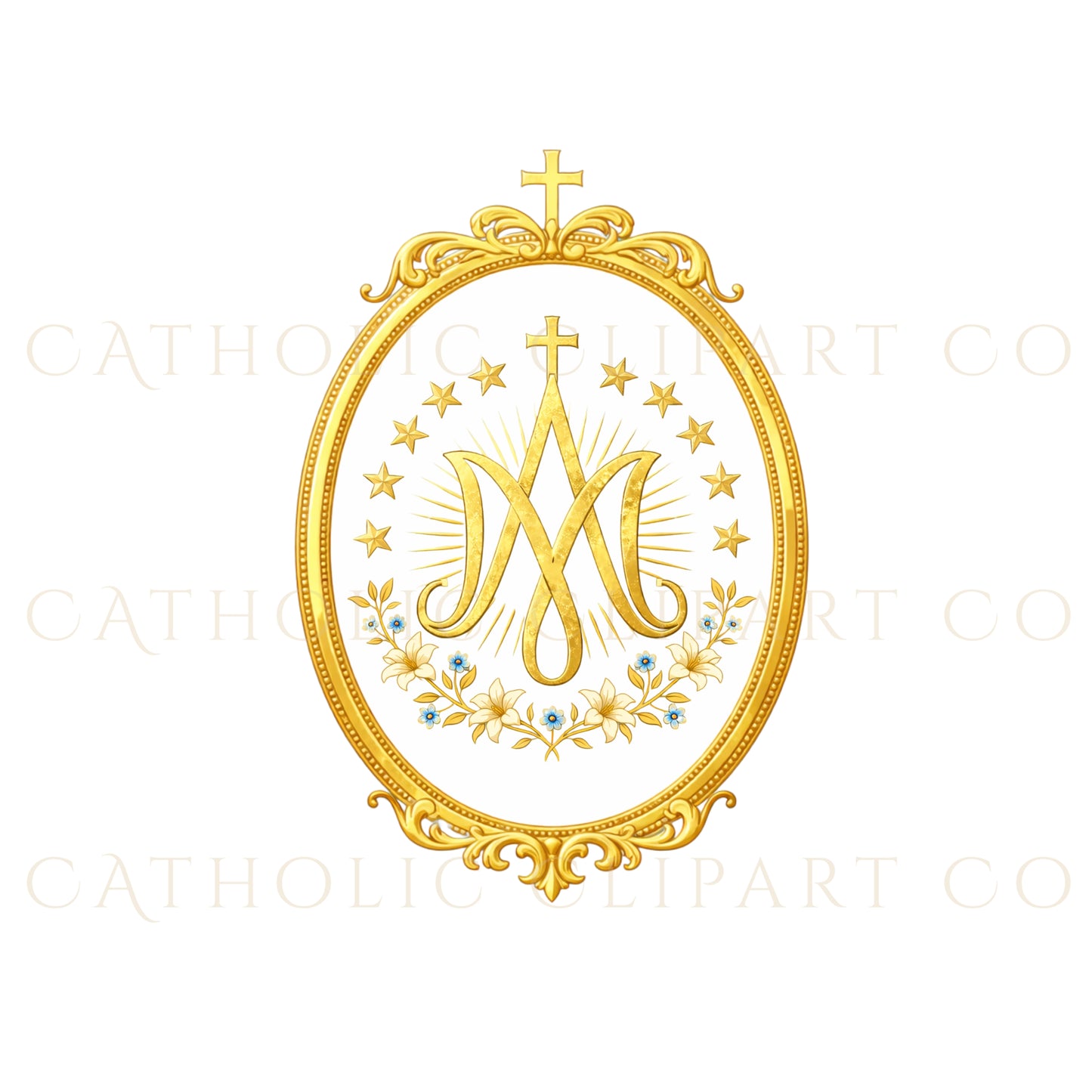 Marian Crest Clipart Set | Gold Marian M Monogram, Catholic Frame & Halo Symbols, Virgin Mary PNG