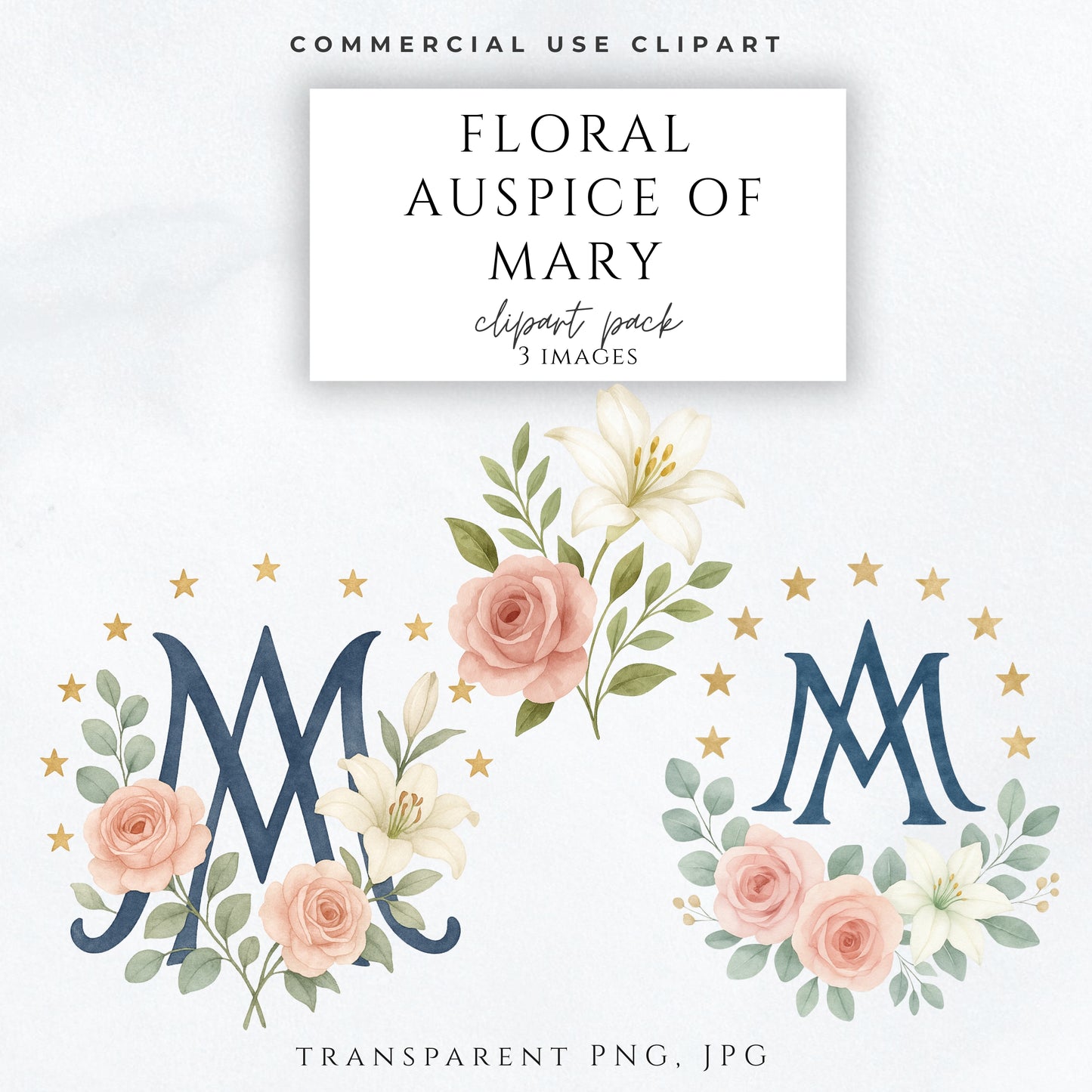 May include: A digital clipart set titled Floral Auspice of Mary featuring three images. The designs include a navy blue monogram of the letters AM surrounded by pink roses, white lilies, green leaves, and gold stars on a white background.