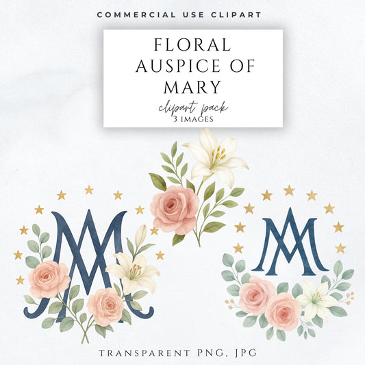 May include: A digital clipart set titled Floral Auspice of Mary featuring three images. The designs include a navy blue monogram of the letters AM surrounded by pink roses, white lilies, green leaves, and gold stars on a white background.