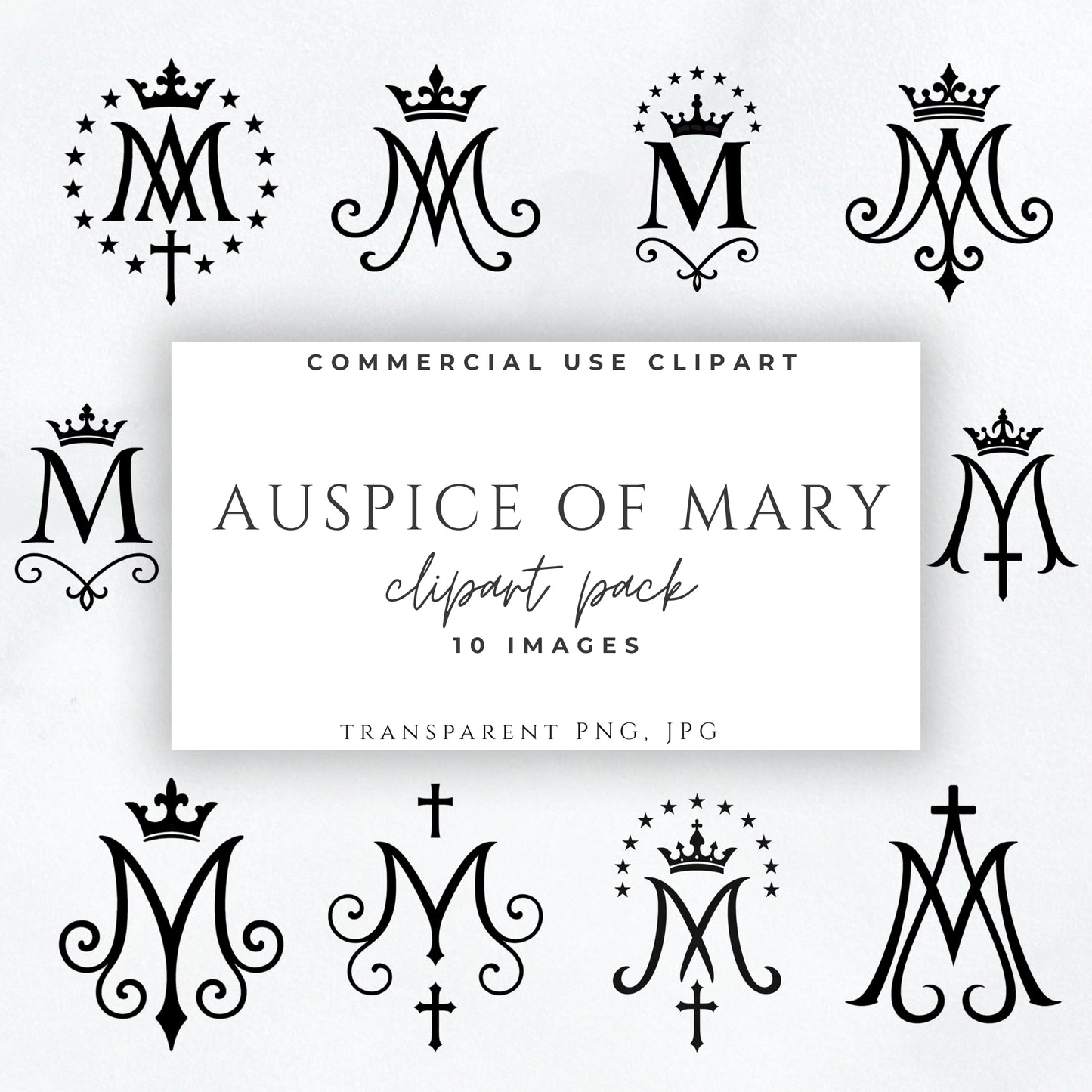 Black Marian monogram clipart with crown and cross, Catholic Auspice of Mary symbol PNG / Monograma mariano negro con corona y cruz, símbolo Auspice de María PNG