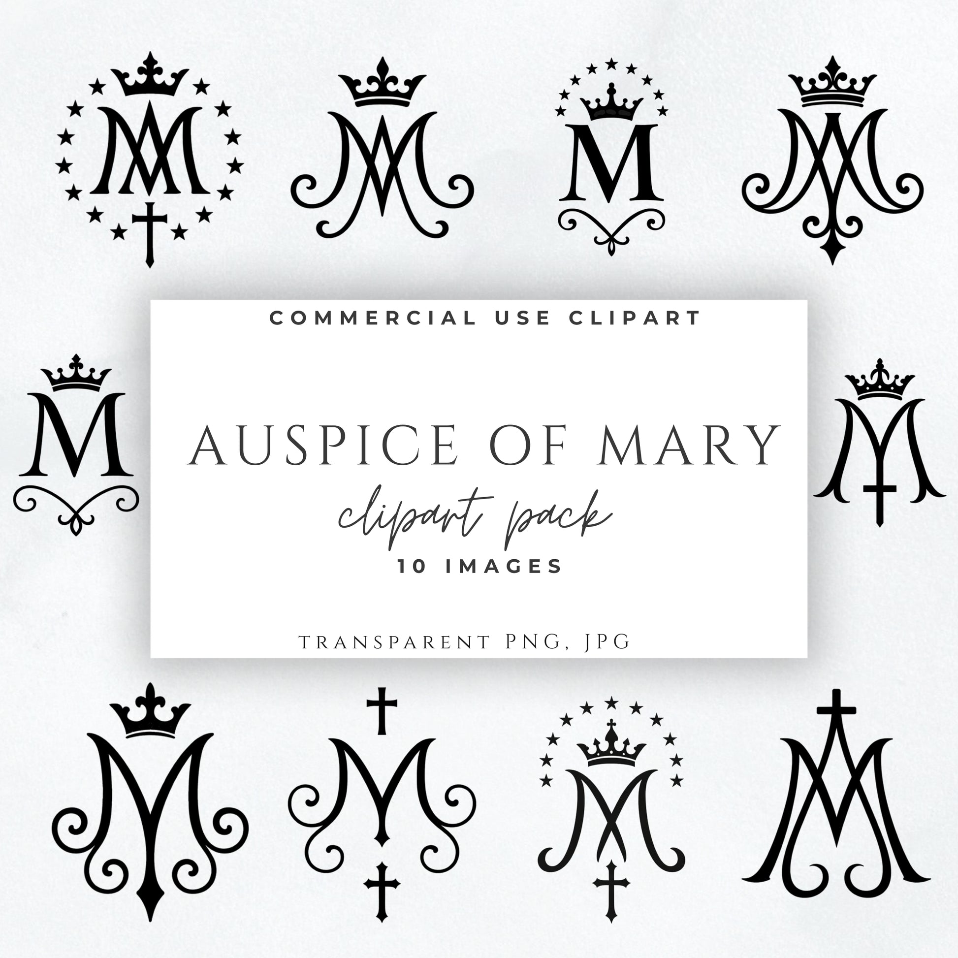 Black Marian monogram clipart with crown and cross, Catholic Auspice of Mary symbol PNG / Monograma mariano negro con corona y cruz, símbolo Auspice de María PNG