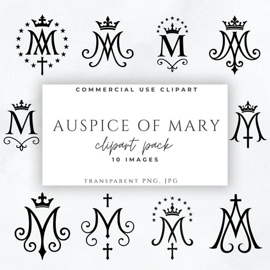 Black Marian monogram clipart with crown and cross, Catholic Auspice of Mary symbol PNG / Monograma mariano negro con corona y cruz, símbolo Auspice de María PNG