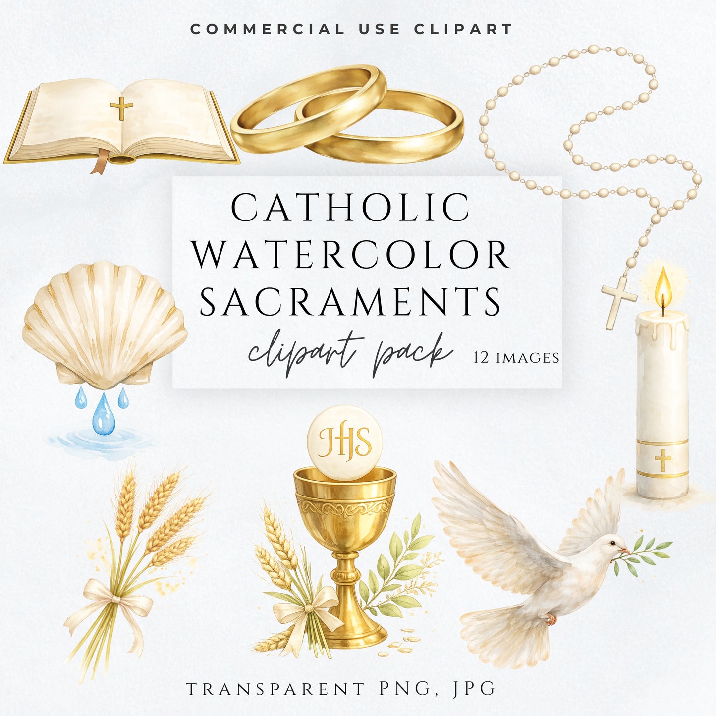Catholic watercolor sacraments clipart set with baptism, communion, confirmation, and wedding symbols | Clipart de sacramentos católicos en acuarela con bautismo, comunión, confirmación y boda