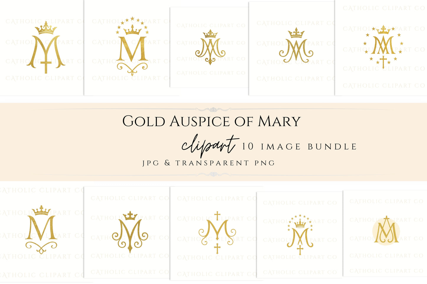Catholic Marian logo set with gold foil effect / Set de logos marianos católicos con efecto dorado