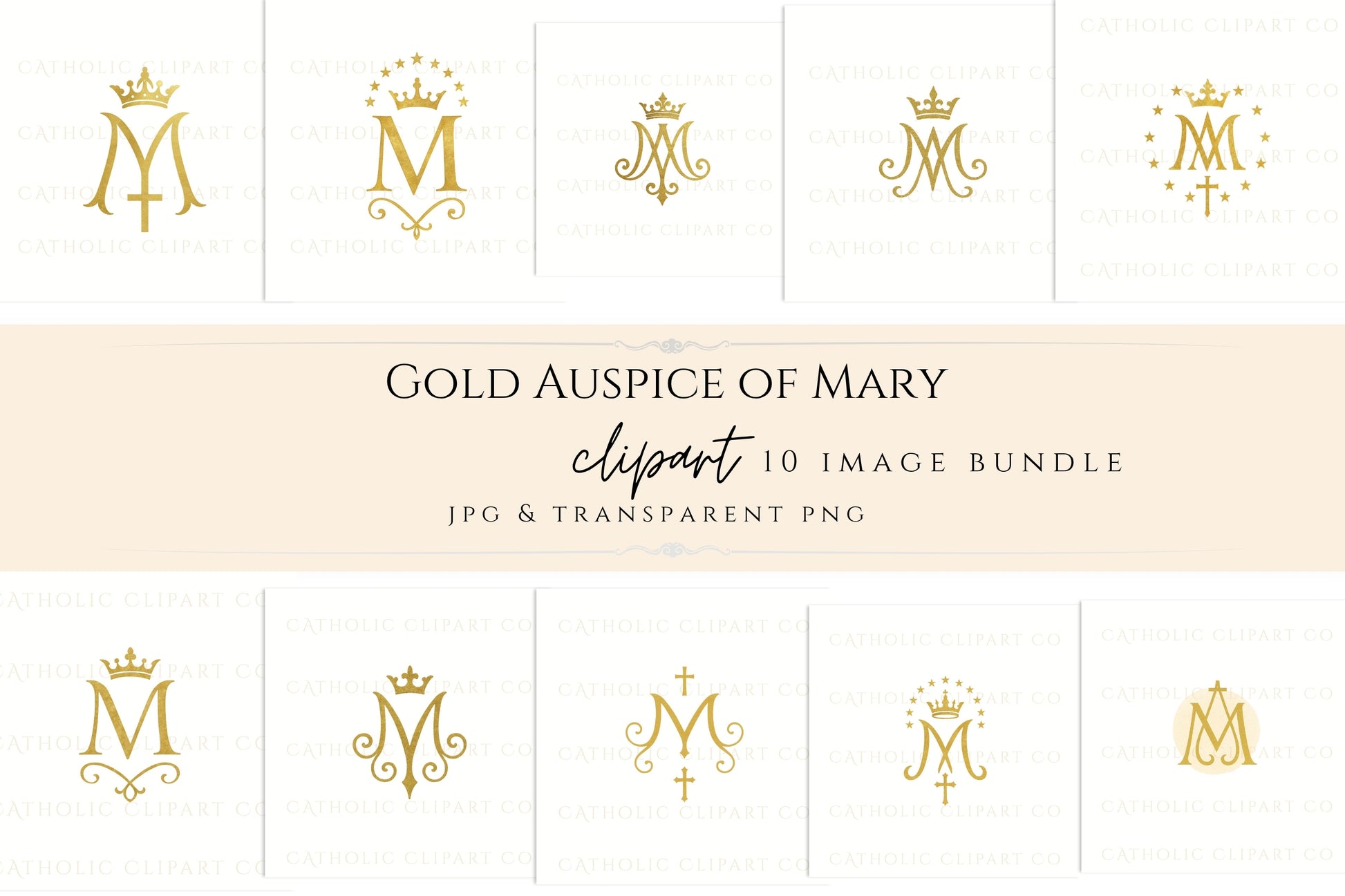 Catholic Marian logo set with gold foil effect / Set de logos marianos católicos con efecto dorado