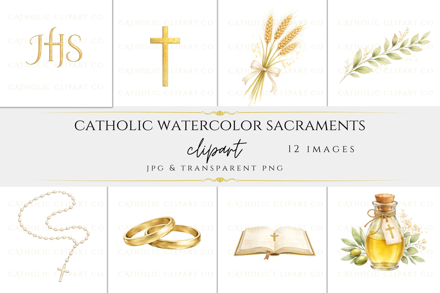 Catholic watercolor sacraments clipart for church certificates and invitations | Clipart de sacramentos católicos en acuarela para certificados e invitaciones