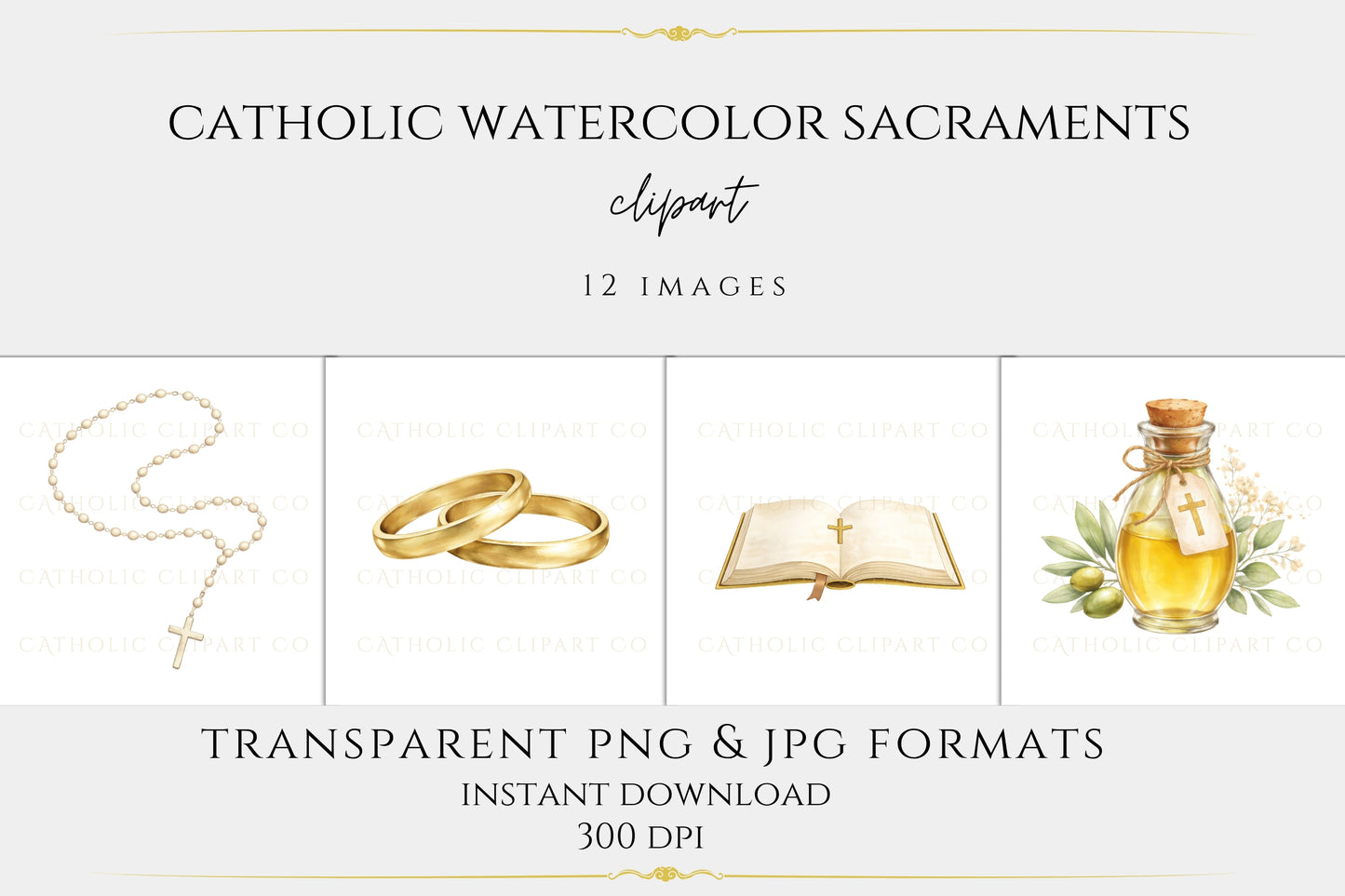 May include: Watercolor illustration of a beige scallop shell with gold accents, with three blue water droplets falling into a pool of water. The image has a religious theme.