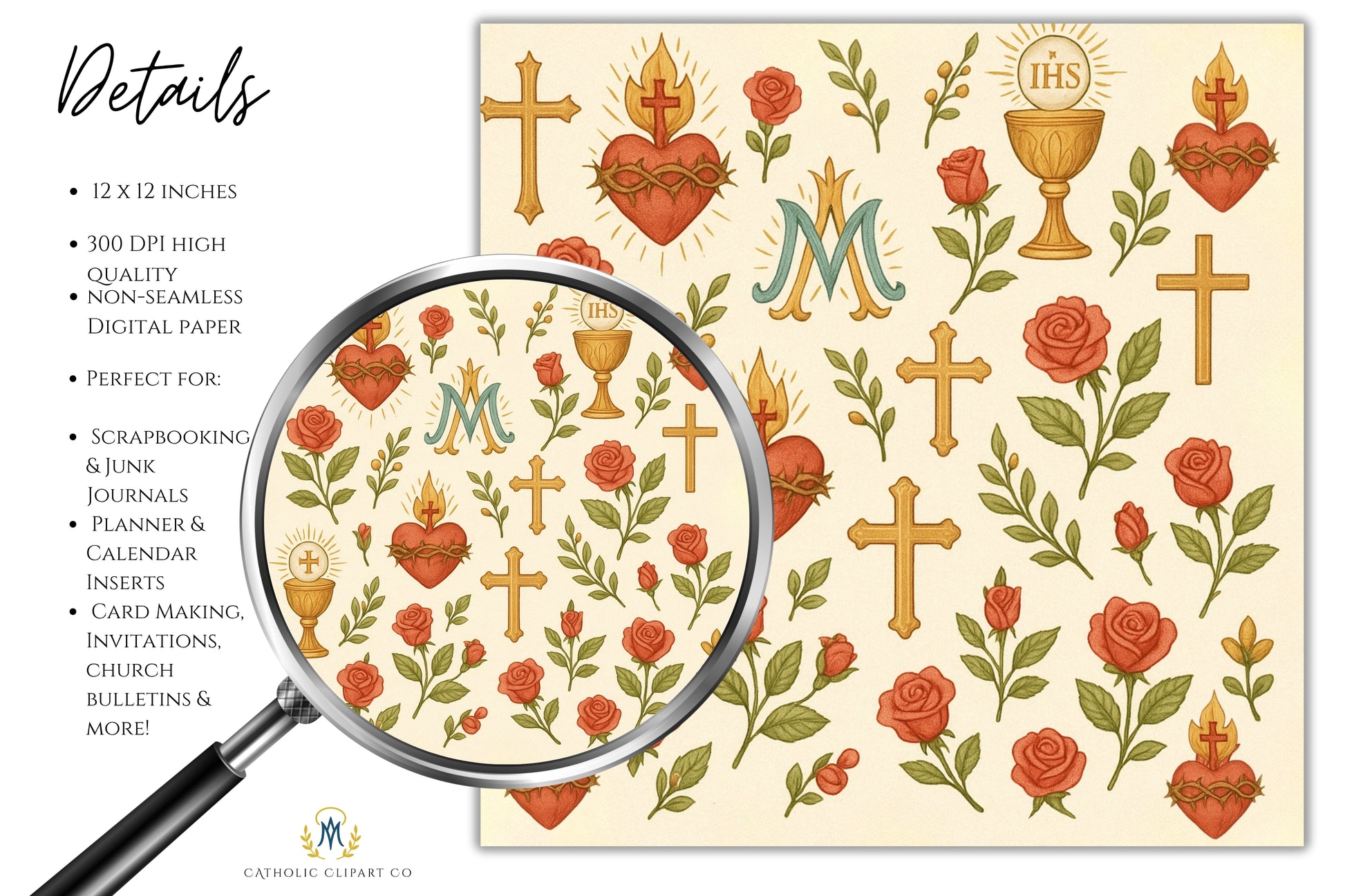 Vintage Catholic digital paper with Marian monogram and devotional icons / Papel digital católico vintage con monograma Mariano e íconos devocionales.