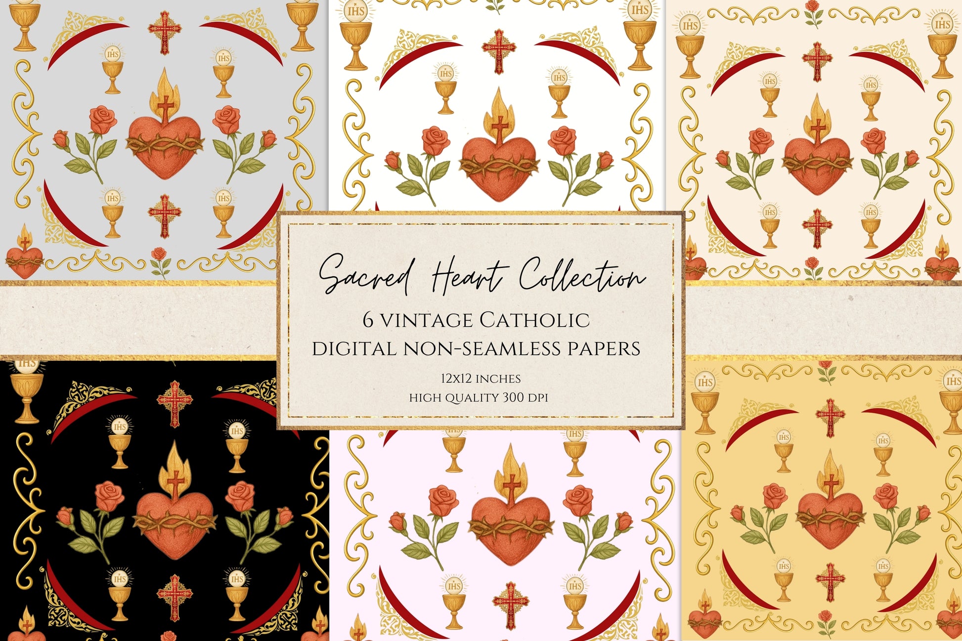 cred Heart Catholic digital paper with gold chalice and roses, vintage religious background, 12x12 non-seamless printable. 