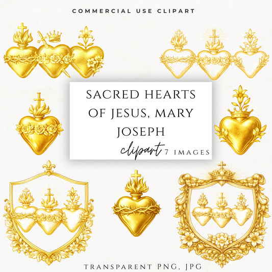 Gold Sacred Hearts of Jesus, Mary and Joseph Catholic crest clipart collection with 7 PNG designs for wedding invitations and parish logos | Colección de Corazones Sagrados de Jesús, María y José en estilo dorado, 7 diseños PNG para bodas católicas y logos parroquiales