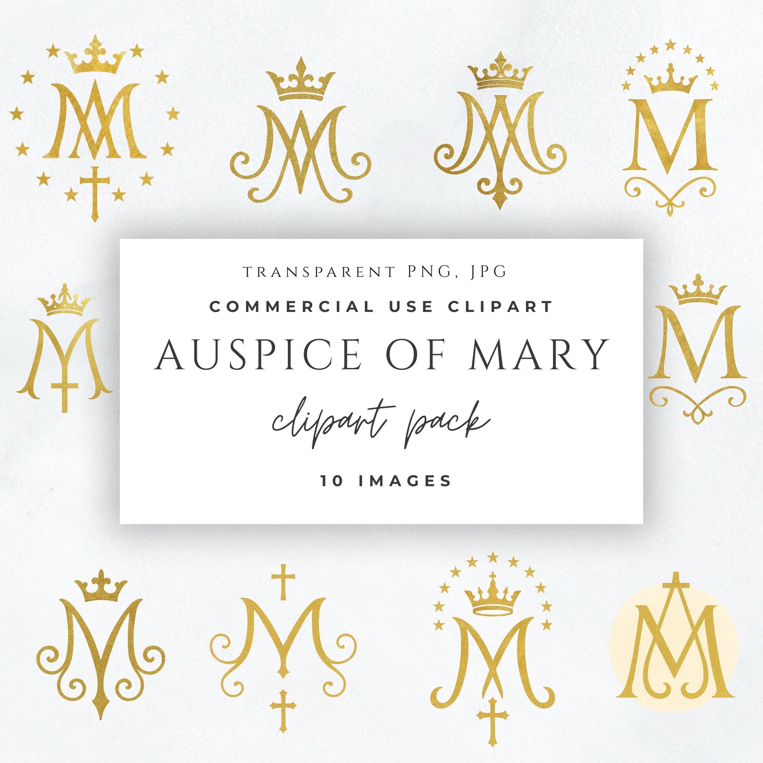 Gold Auspice of Mary monogram clipart on white background / Monograma dorado Auspice de María sobre fondo blanco