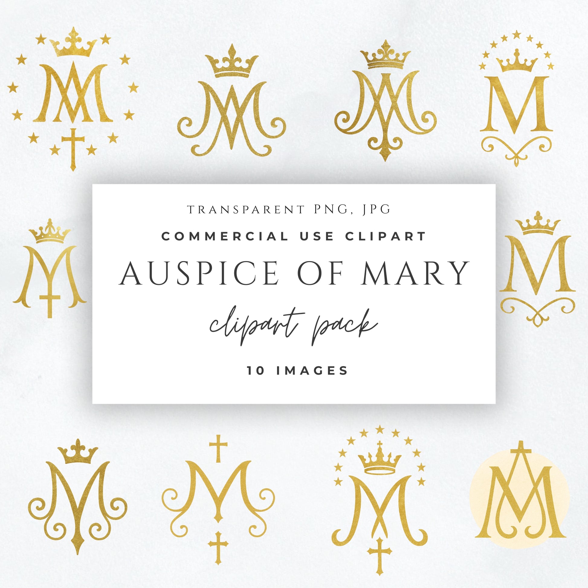 Gold Auspice of Mary monogram clipart on white background / Monograma dorado Auspice de María sobre fondo blanco