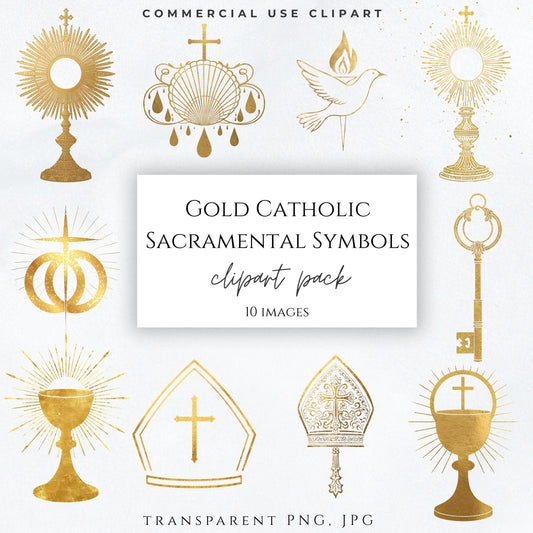 May include: A collection of gold Catholic sacramental symbols including monstrances, a dove, a key, a chalice, and miters. The text reads: COMMERCIAL USE CLIPART, GOLD CATHOLIC SACRAMENTAL SYMBOLS, clipart pack, 10 IMAGES, TRANSPARENT PNG, JPG.