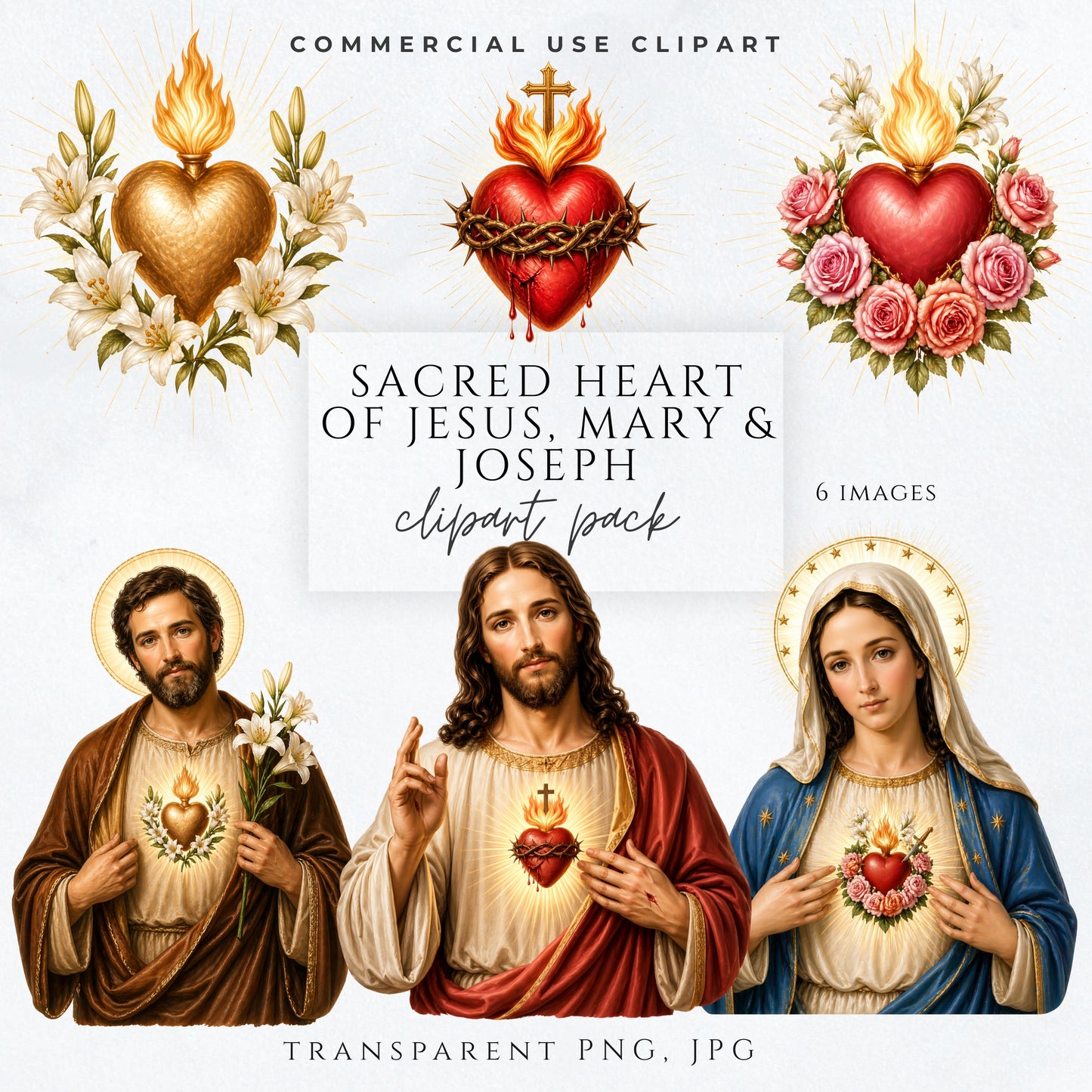 Sacred Heart of Jesus clipart with glowing heart and crown of thorns, Catholic PNG
