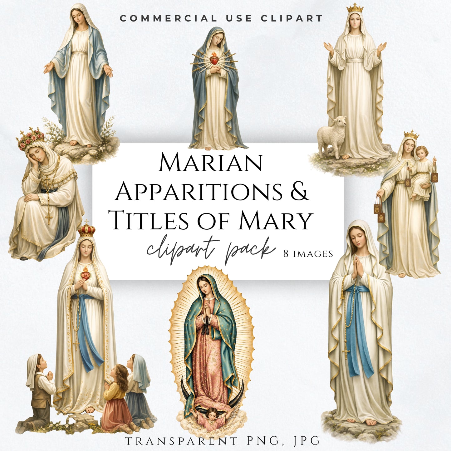 Marian apparitions clipart set of 8 Catholic Virgin Mary images elegant religious PNG bundle