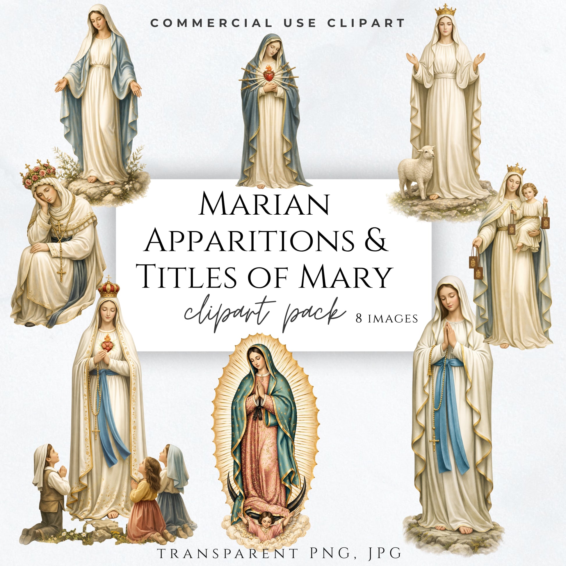 Marian apparitions clipart set of 8 Catholic Virgin Mary images elegant religious PNG bundle