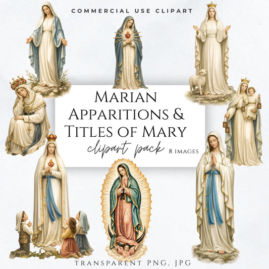 Marian apparitions clipart set of 8 Catholic Virgin Mary images elegant religious PNG bundle