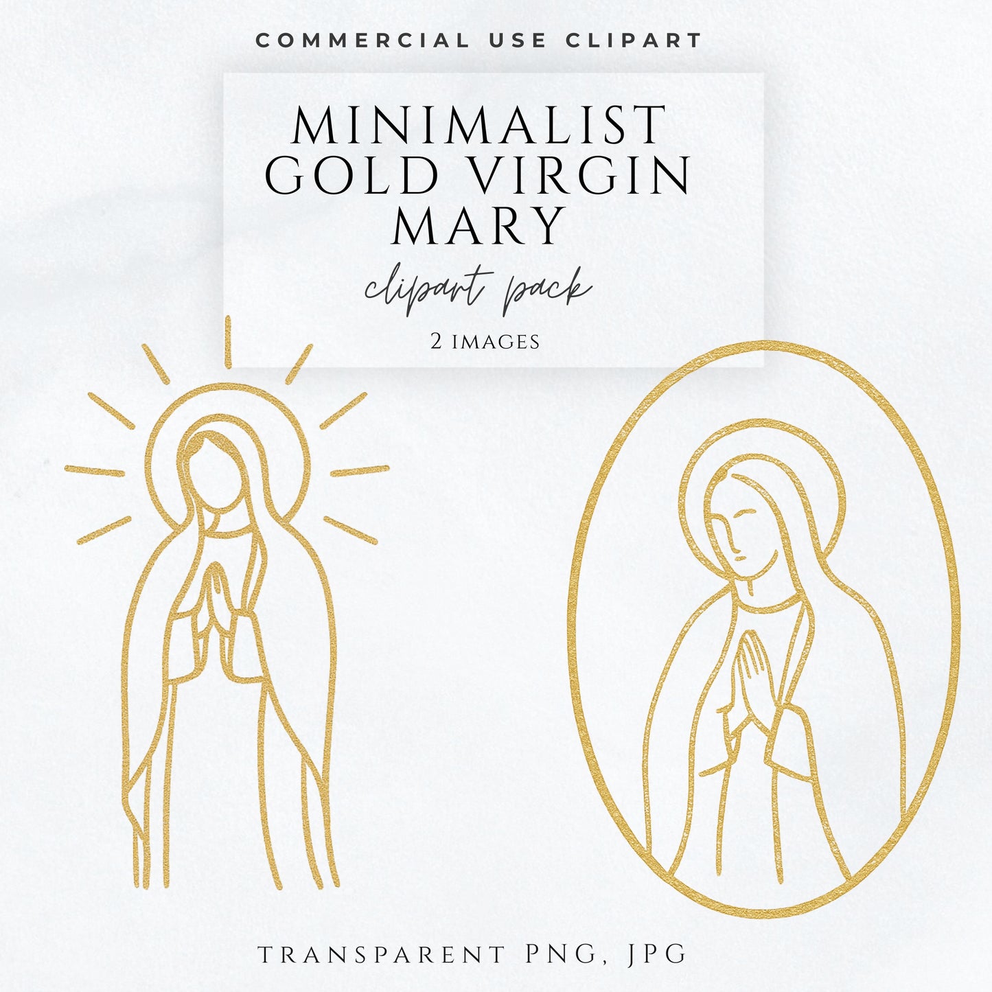 Minimalist gold Virgin Mary clipart pack featuring two modern Marian line art illustrations for Catholic and religious design projects