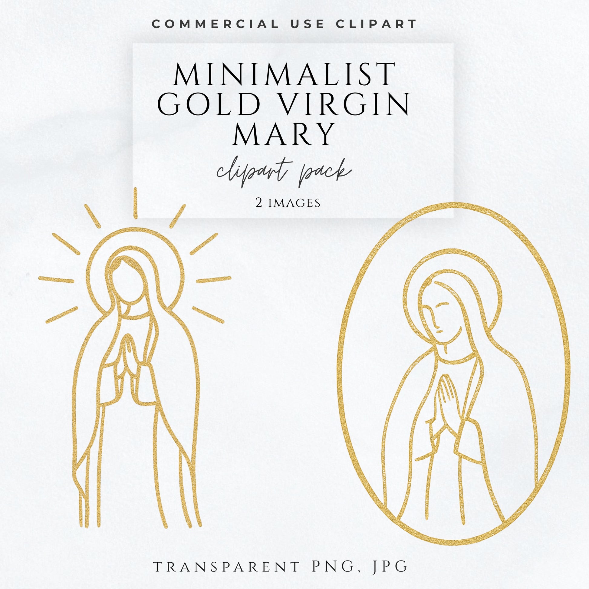 Minimalist gold Virgin Mary clipart pack featuring two modern Marian line art illustrations for Catholic and religious design projects