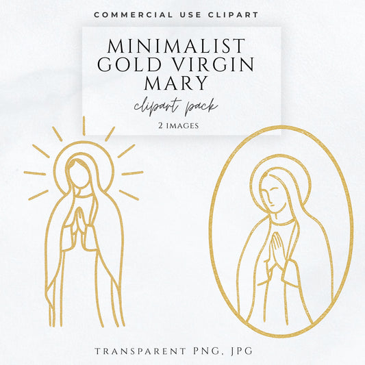 Minimalist gold Virgin Mary clipart pack featuring two modern Marian line art illustrations for Catholic and religious design projects