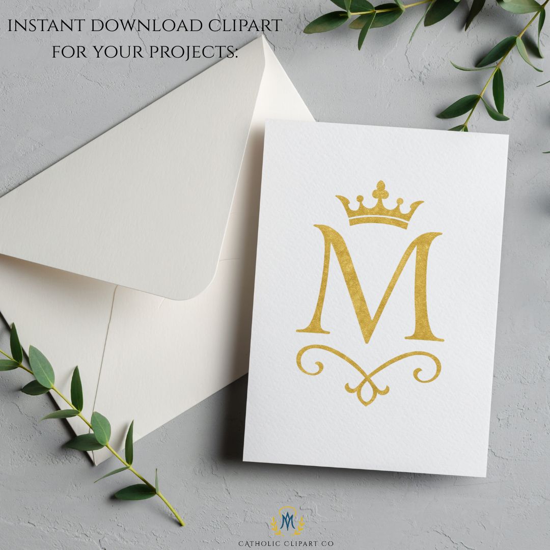 Gold letter M monogram with decorative scrolls / Monograma dorado letra M con adornos decorativos