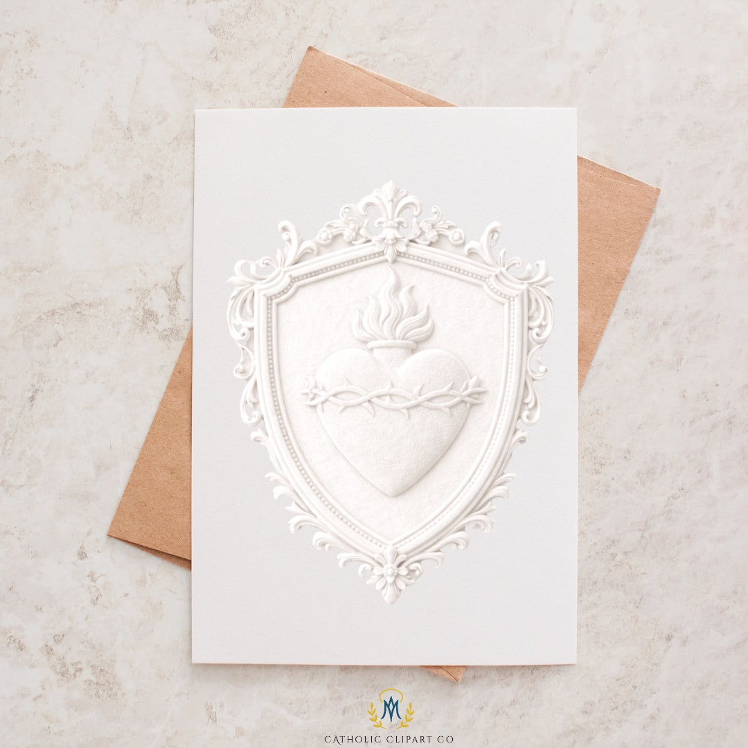 Catholic wedding emblem set with embossed heart symbols / Set de emblemas para boda católica con corazones en relieve