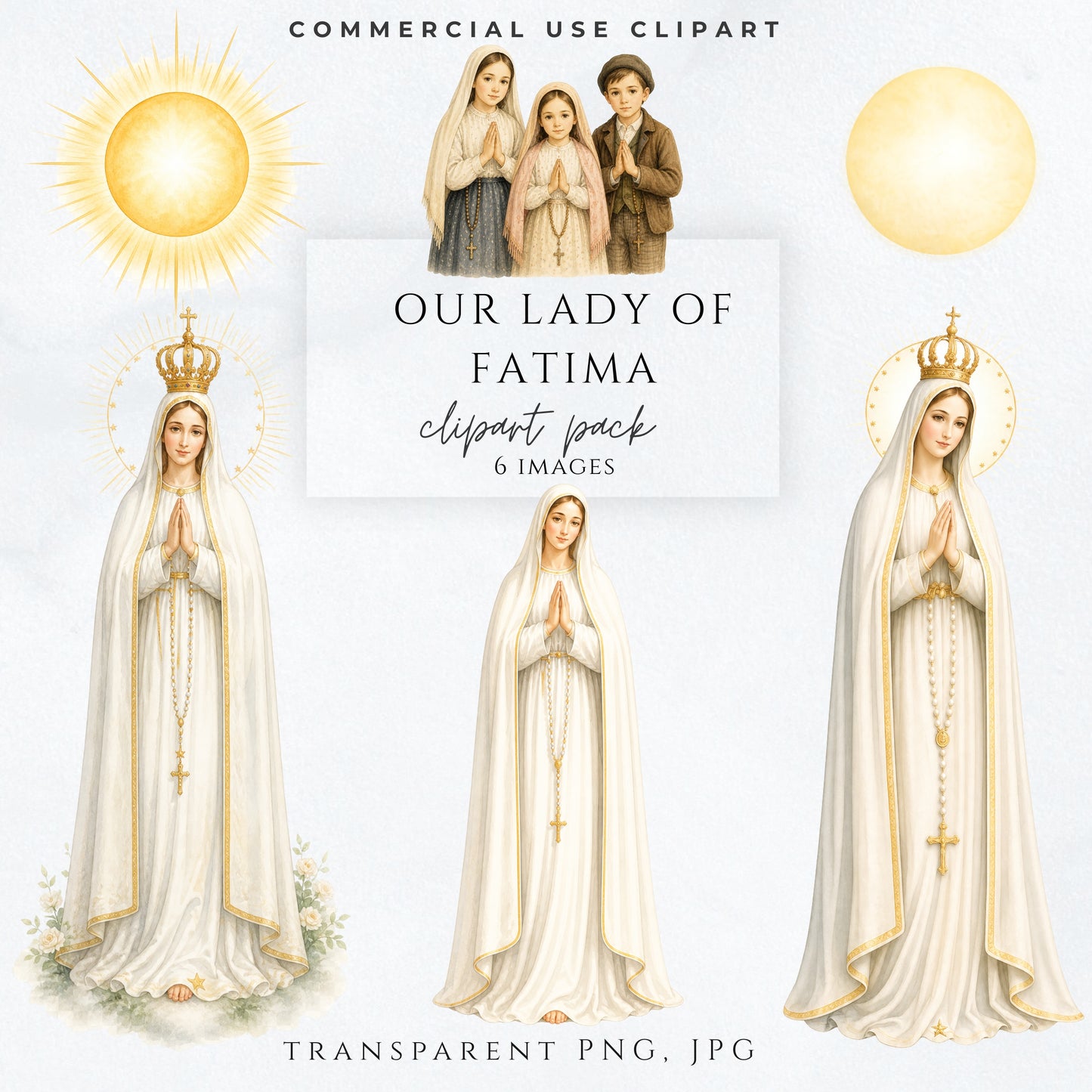 Our Lady of Fatima clipart set with Virgin Mary, shepherd children and miracle of the sun, Catholic watercolor clipart pack, clipart de Nuestra Señora de Fátima con Virgen María y pastorcitos