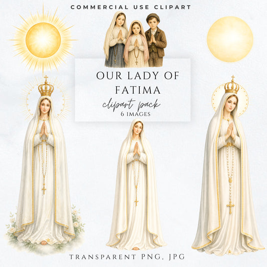 Our Lady of Fatima clipart set with Virgin Mary, shepherd children and miracle of the sun, Catholic watercolor clipart pack, clipart de Nuestra Señora de Fátima con Virgen María y pastorcitos