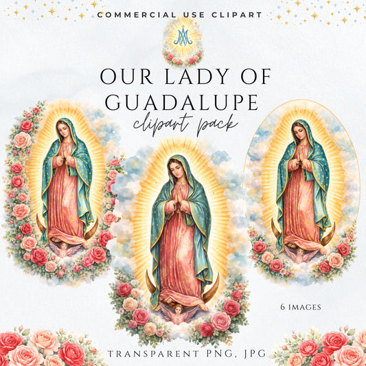 Our Lady of Guadalupe watercolor clipart with roses and radiant golden rays | Clipart en acuarela de Nuestra Señora de Guadalupe con rosas y rayos dorados