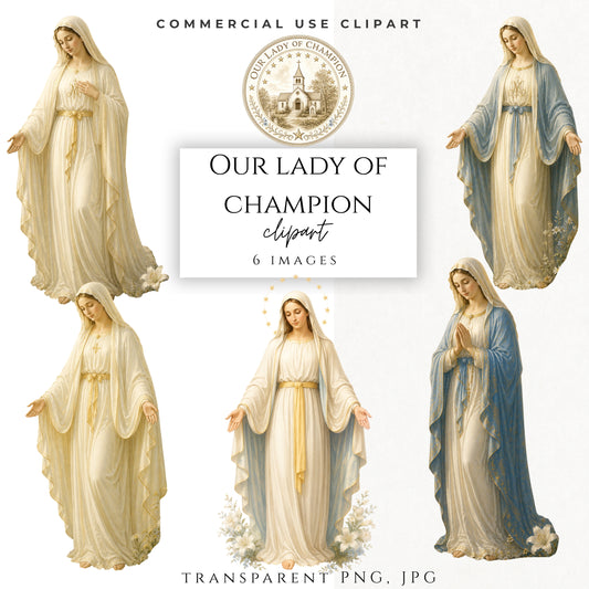 Our Lady of Champion clipart bundle in soft Marian blue and ivory tones with Catholic devotional artwork PNG files