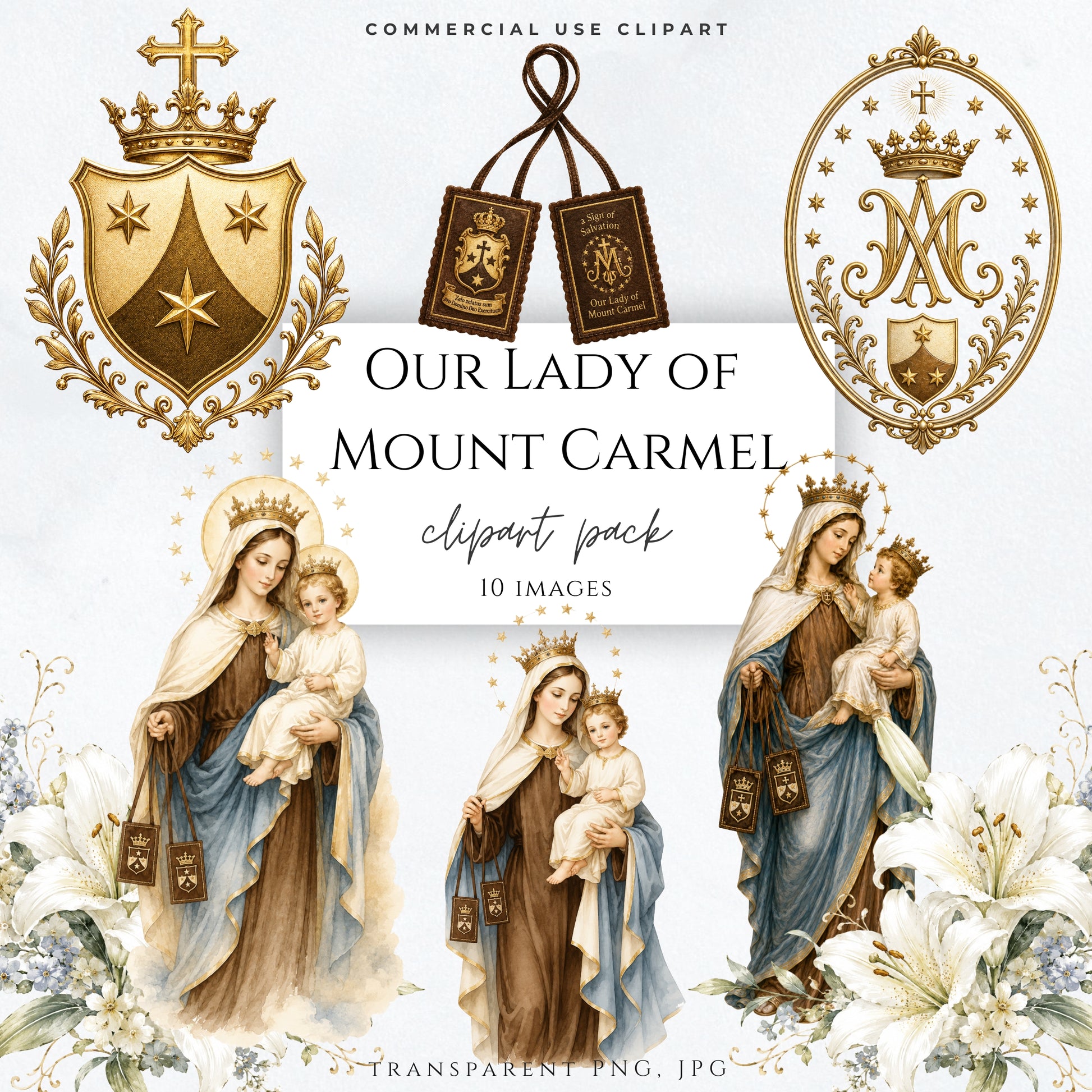 Our Lady of Mount Carmel clipart pack with Virgin Mary, Child Jesus, Brown Scapular, Carmelite crest, Marian seal, crown, and white lilies.