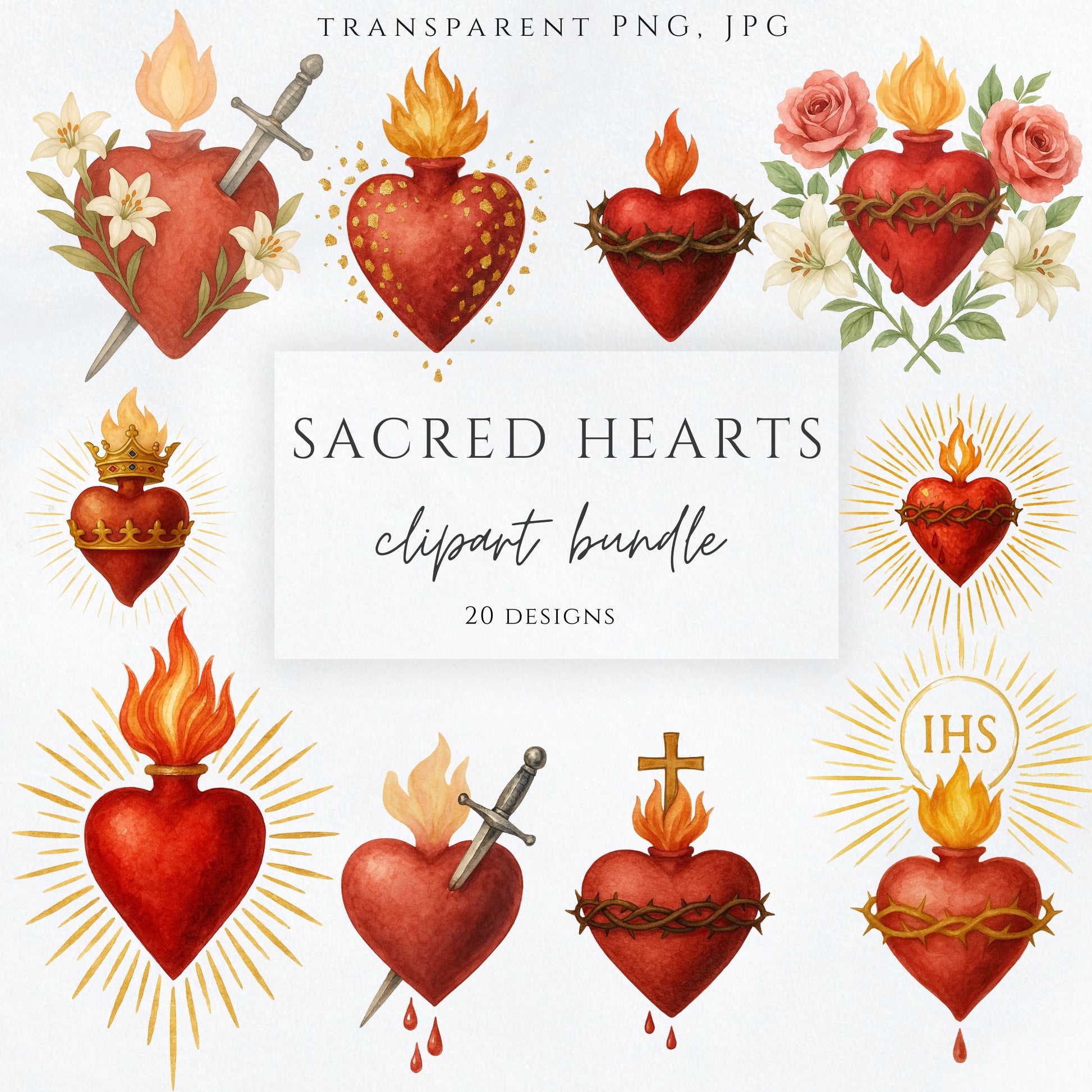 Watercolor Sacred Heart with lilies and sword | Corazón Sagrado con lirios y espada en acuarela