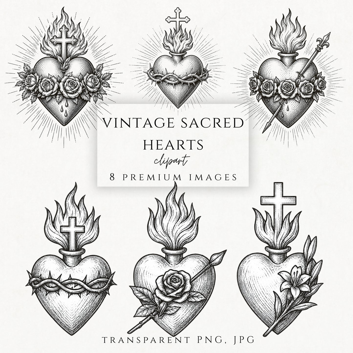 Vintage Sacred Heart clipart bundle with black engraved Catholic heart illustrations on white background. / Paquete de clipart de Sagrados Corazones vintage con ilustraciones católicas grabadas en negro sobre fondo blanco.