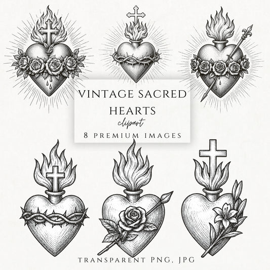 Vintage Sacred Heart clipart bundle with black engraved Catholic heart illustrations on white background. / Paquete de clipart de Sagrados Corazones vintage con ilustraciones católicas grabadas en negro sobre fondo blanco.