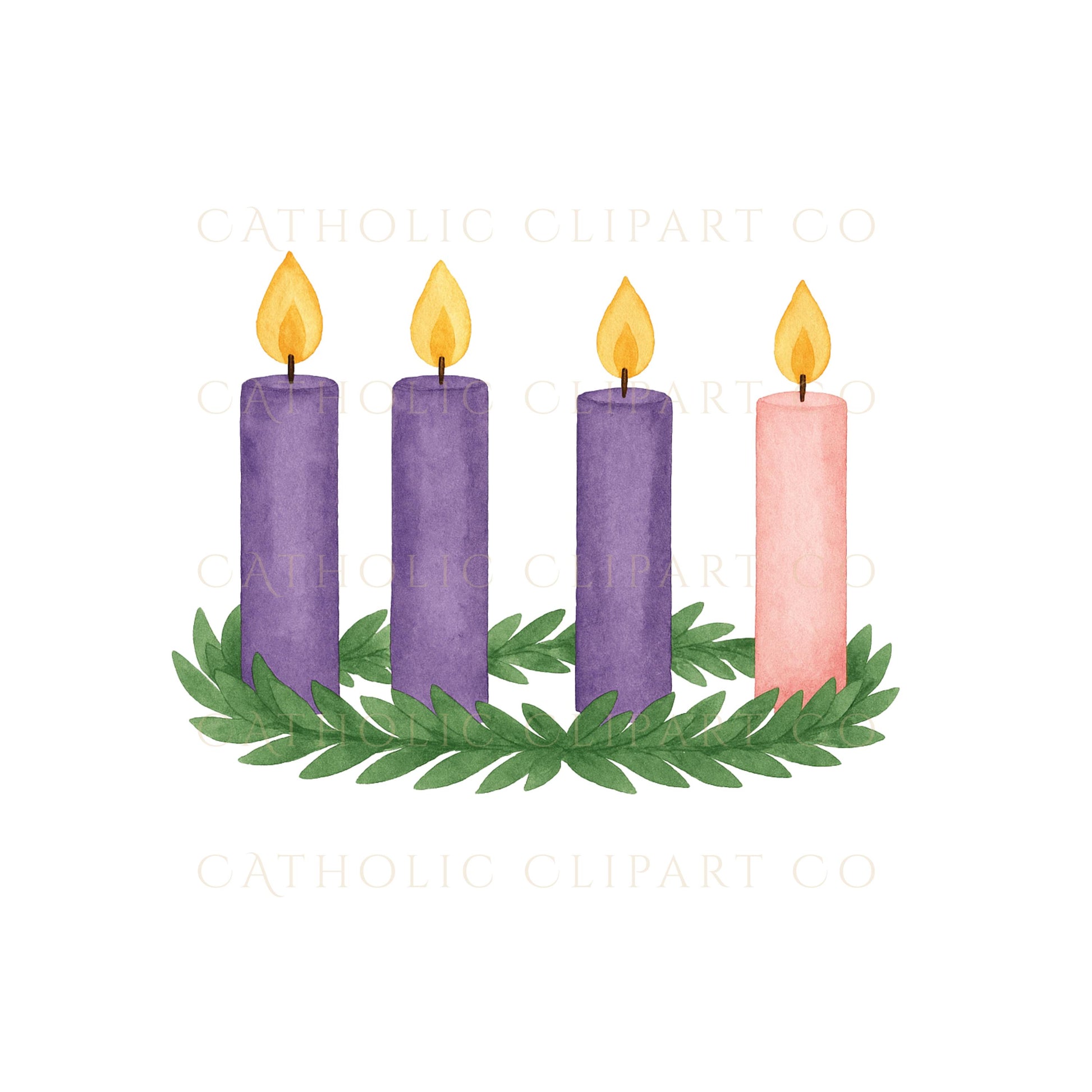 Watercolor pink and purple Advent candles on wreath — Velas moradas y rosa de Adviento sobre corona en acuarela