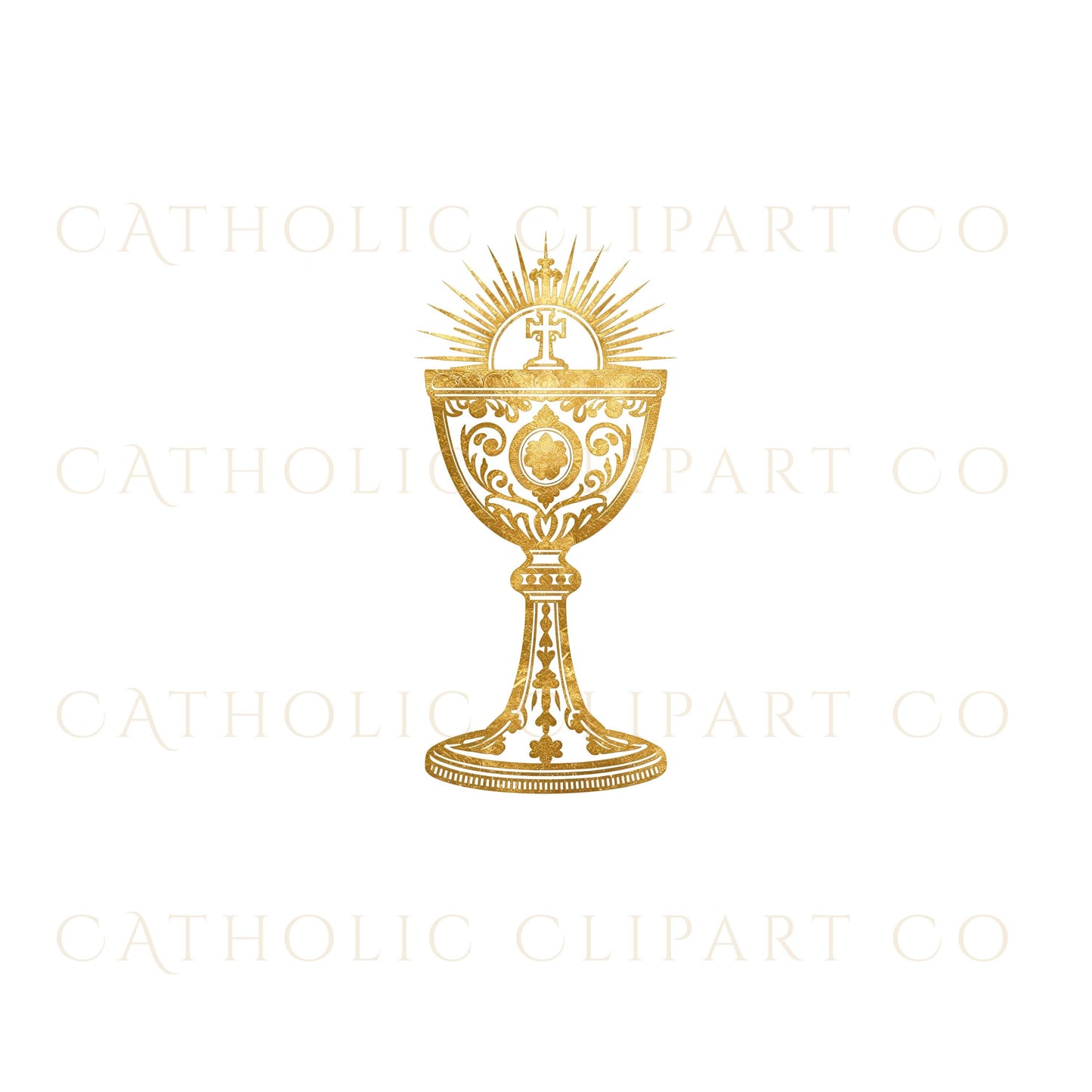 Printable Catholic clipart bundle of golden Eucharist symbols, including monstrances with rays and chalices with hosts.