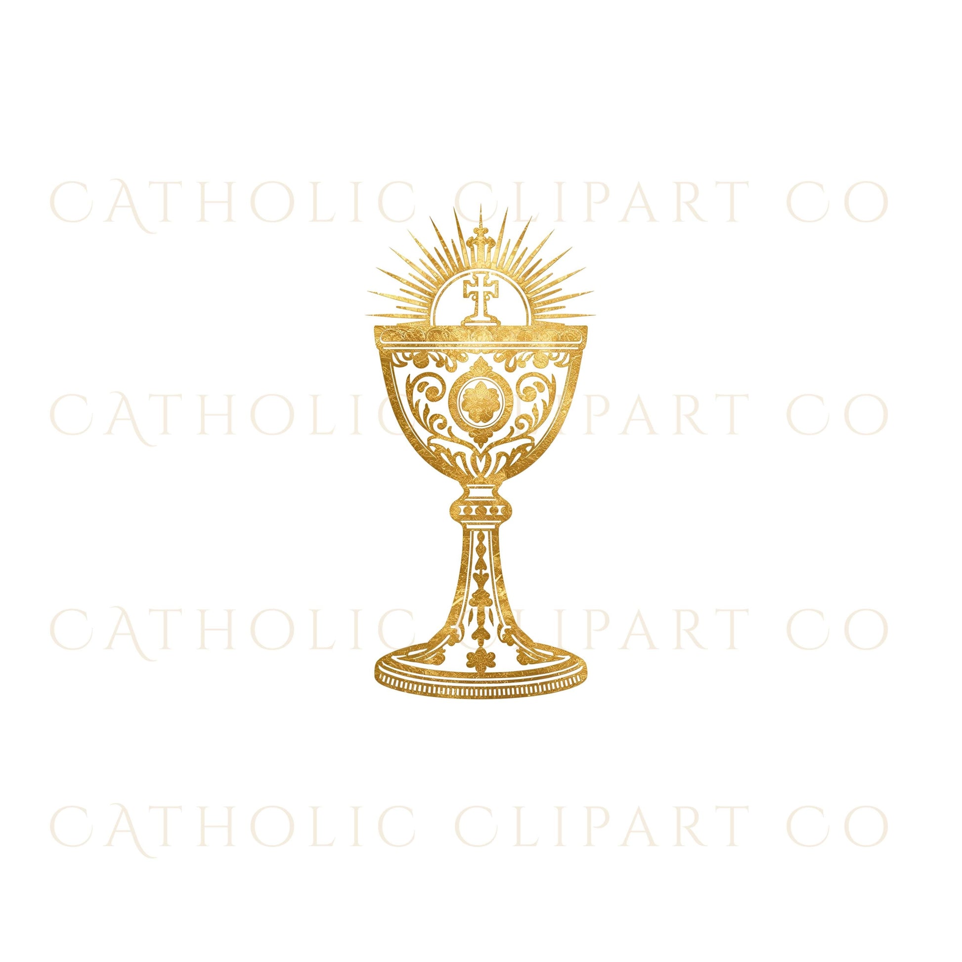 Printable Catholic clipart bundle of golden Eucharist symbols, including monstrances with rays and chalices with hosts.