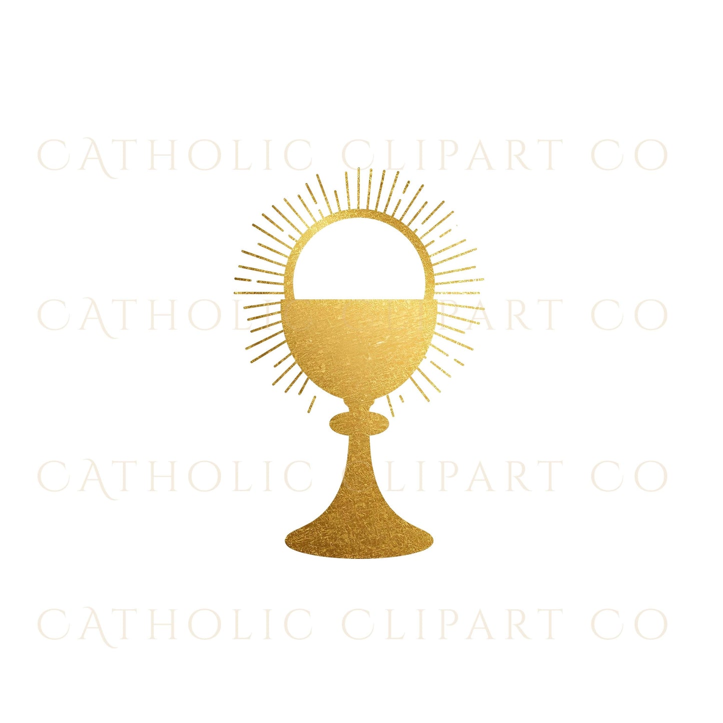 Elegant gold Catholic clipart with Eucharist chalices and monstrances representing the Blessed Sacrament, great for communion programs.