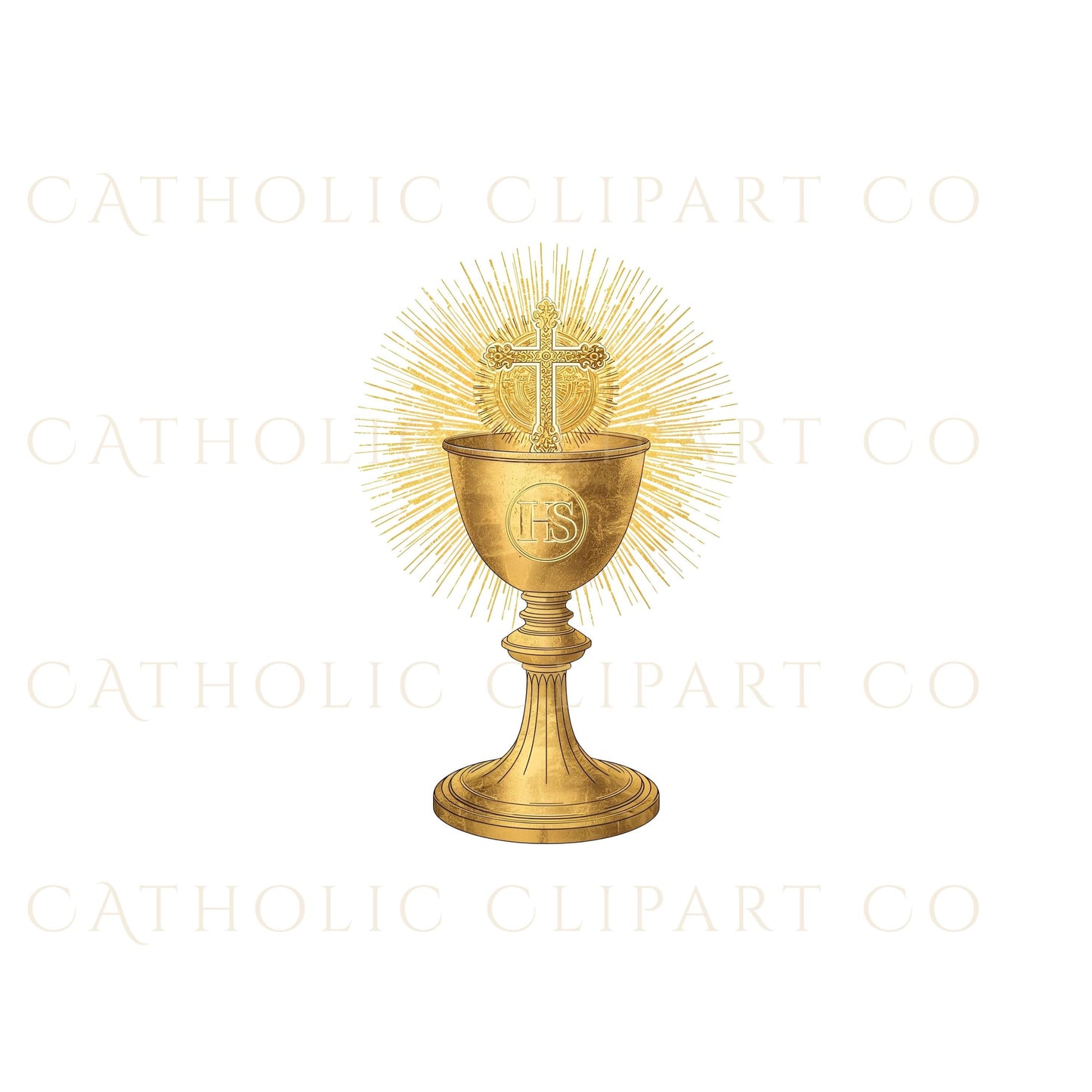 Digital religious clipart set featuring 10 Eucharistic symbols in gold tones for Catholic design and Christian creative projects.