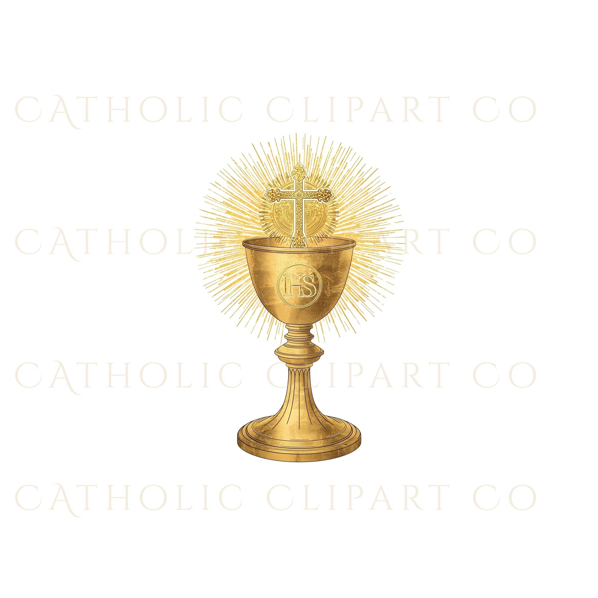 Digital religious clipart set featuring 10 Eucharistic symbols in gold tones for Catholic design and Christian creative projects.