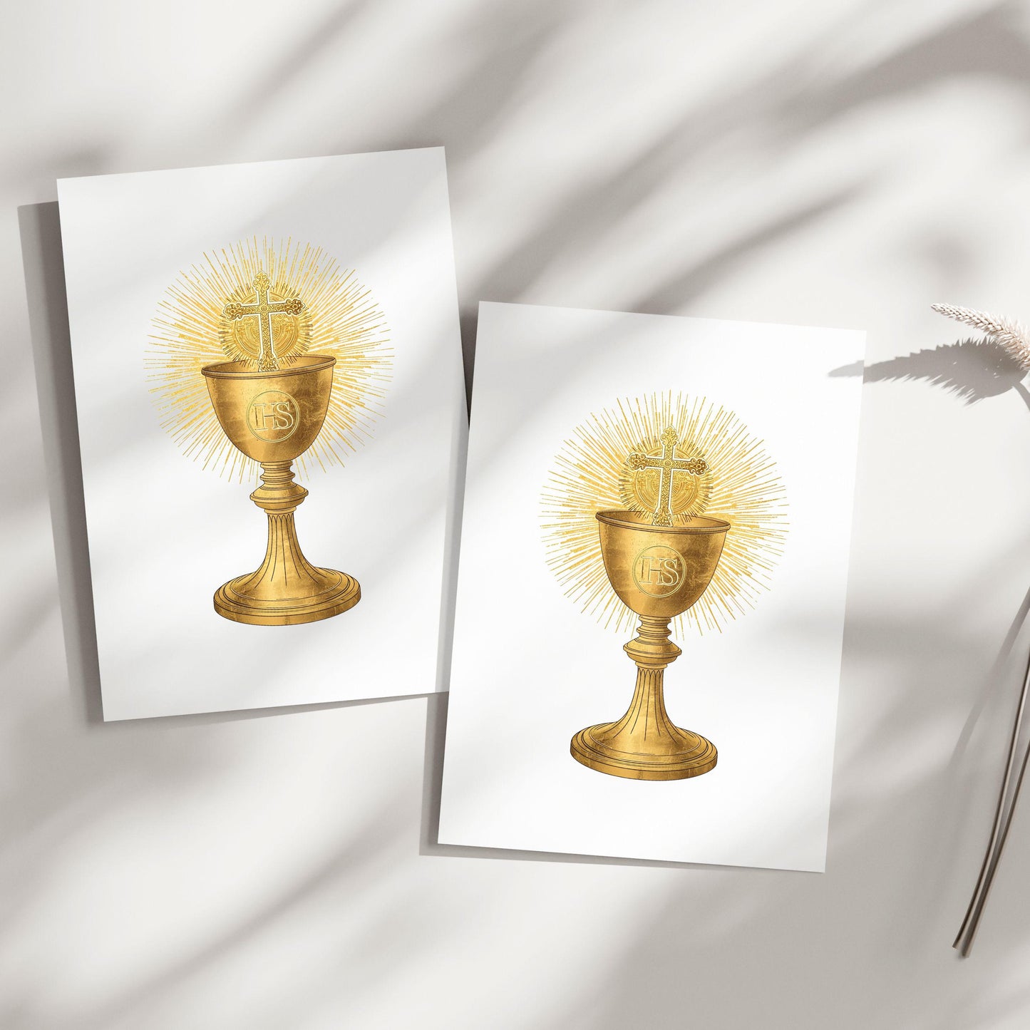 Faith-themed gold clipart of Catholic monstrances and chalices in digital watercolor style, ideal for Christian printables and church decor.