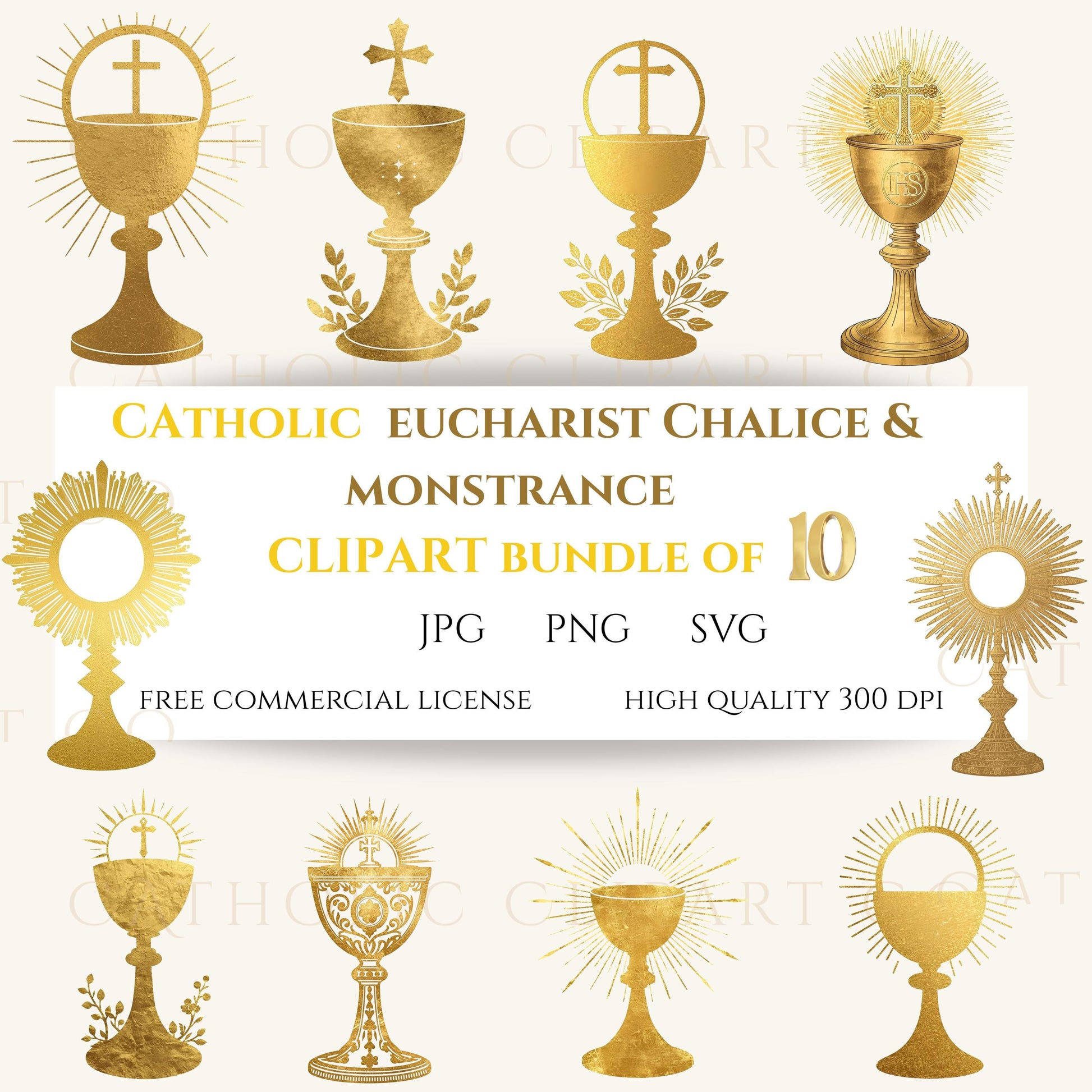 Gold Catholic Eucharist clipart bundle featuring chalices and monstrances in shimmering watercolor style. Perfect for First Communion and sacrament designs.
