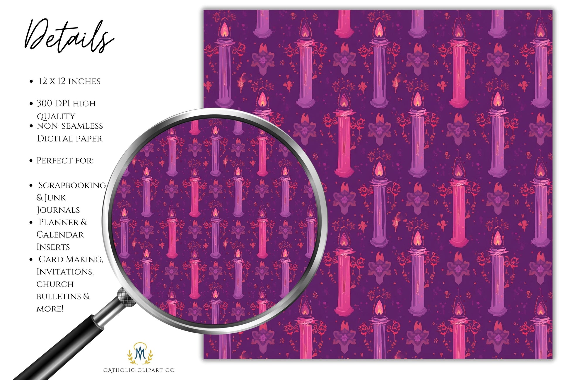 Non-seamless 12x12 Advent digital paper with liturgical candle pattern in purple tones