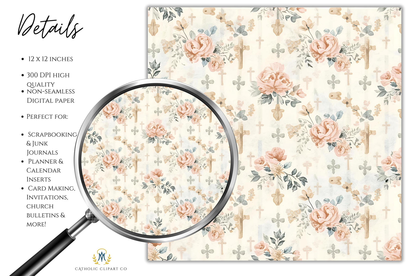 Cottage chic Christian scrapbook paper, papel scrapbook cristiano estilo cottage chic con diseño religioso elegante
