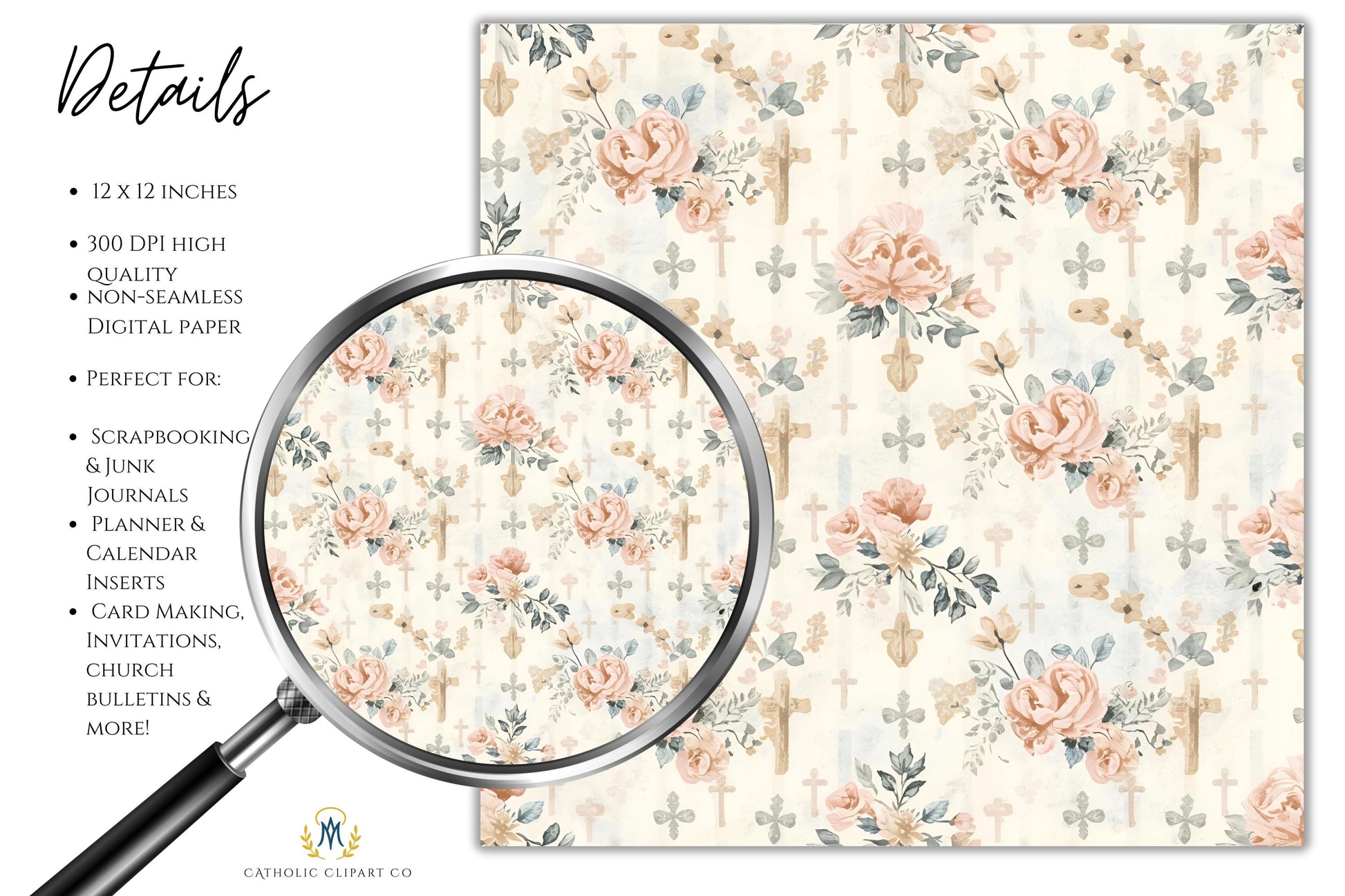 Cottage chic Christian scrapbook paper, papel scrapbook cristiano estilo cottage chic con diseño religioso elegante