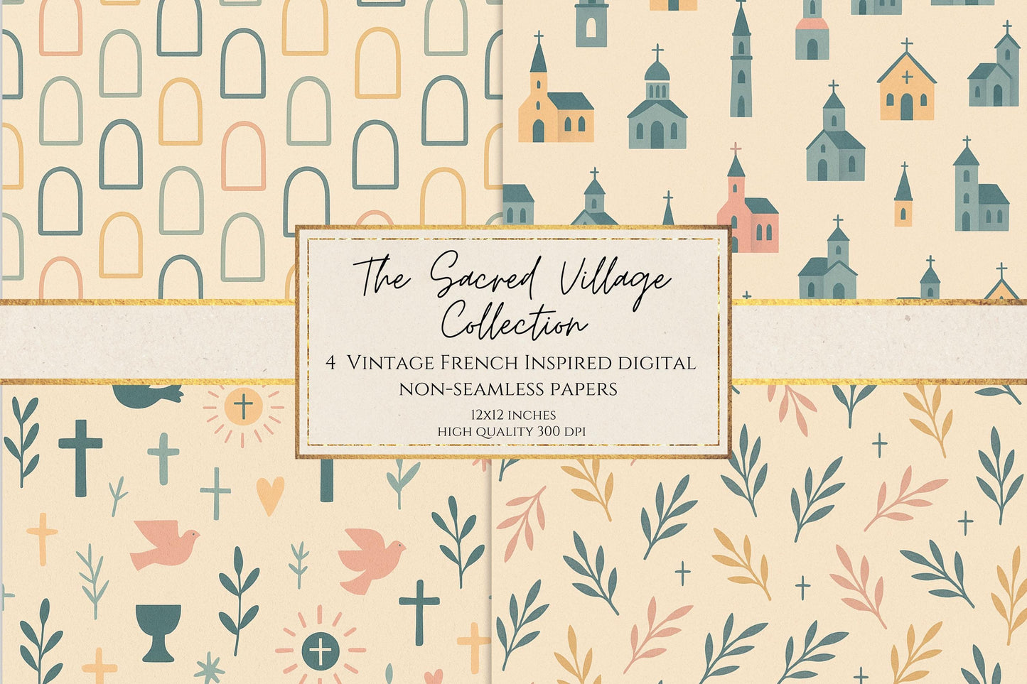 Vintage Catholic church digital paper with pastel chapels and crosses, 12x12 non-seamless printable scrapbook design
Papel digital católico con iglesias vintage y cruces en tonos pastel, diseño imprimible 12x12 no repetitivo