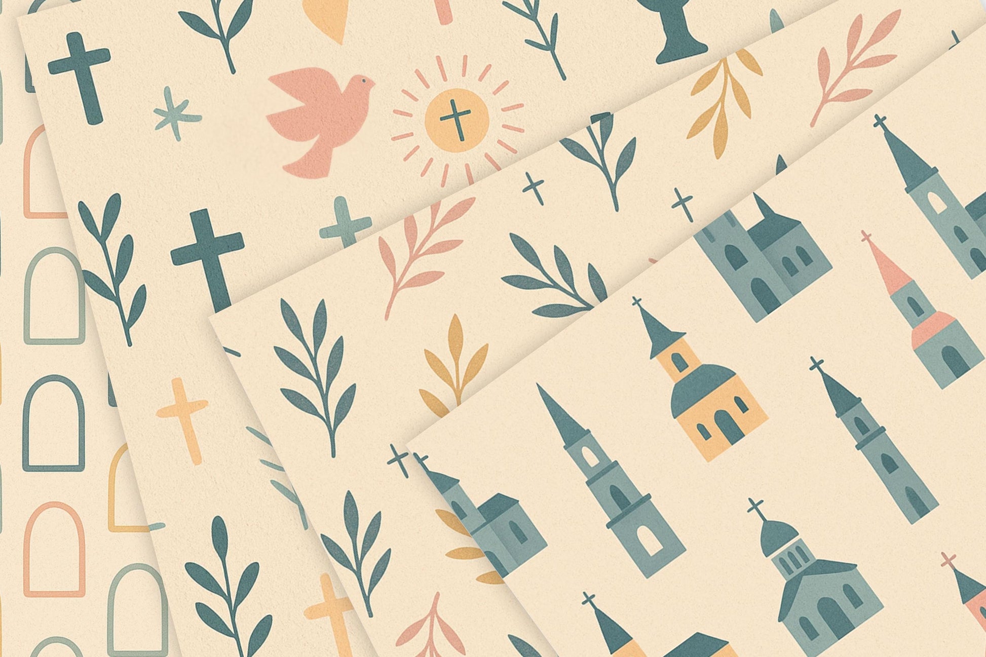 The Sacred Village Collection Catholic digital paper bundle, 4 non-seamless sheets for religious crafts
Colección Aldea Sagrada de papeles digitales católicos, 4 hojas no repetitivas para proyectos religiosos