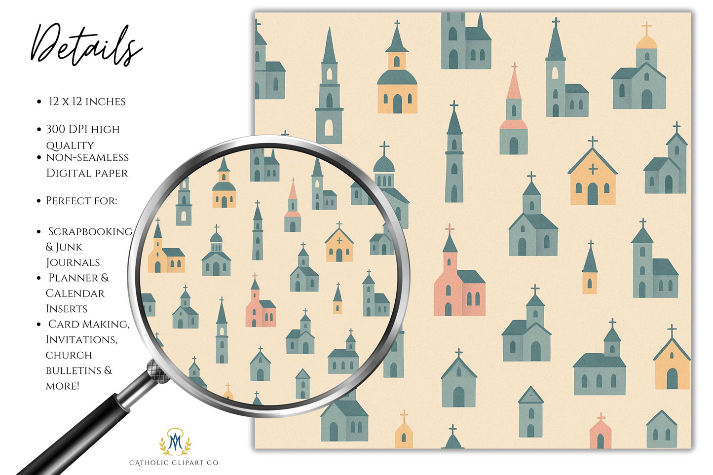 Vintage church and chapel clipart background paper, printable 12x12 inch design for faith journaling
Fondo digital de iglesias y capillas vintage, diseño imprimible 12x12 para diarios de fe